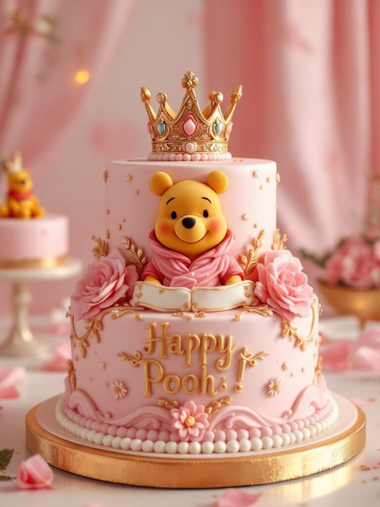 Royal Baby Girl Pooh Cake with pink frosting and crown