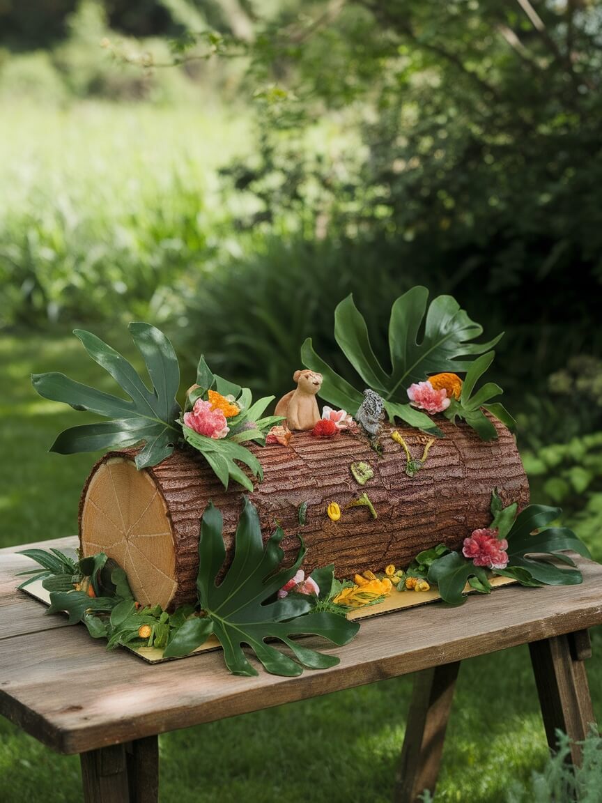 A rustic jungle log cake decorated with flowers and animal figurines.