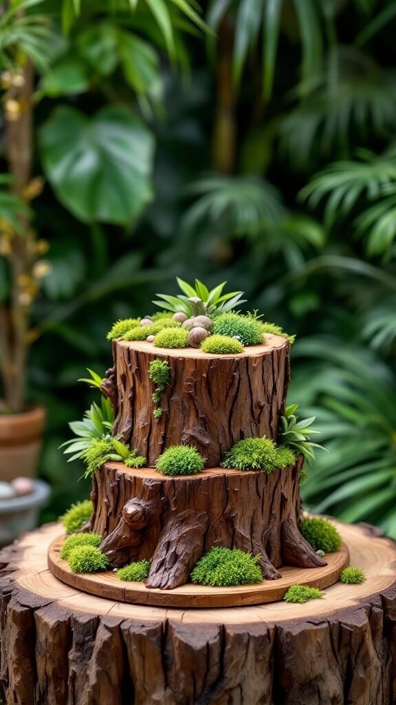 Rustic tree stump cake adorned with moss and greenery