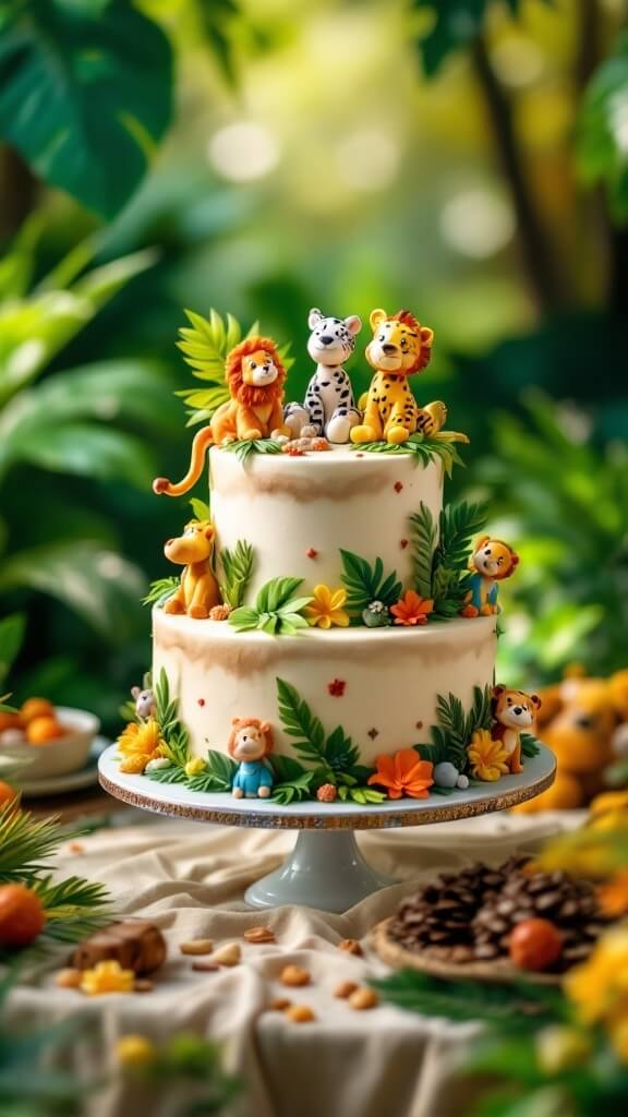 A decorated jungle-themed cake with animal figurines and greenery for a baby shower.