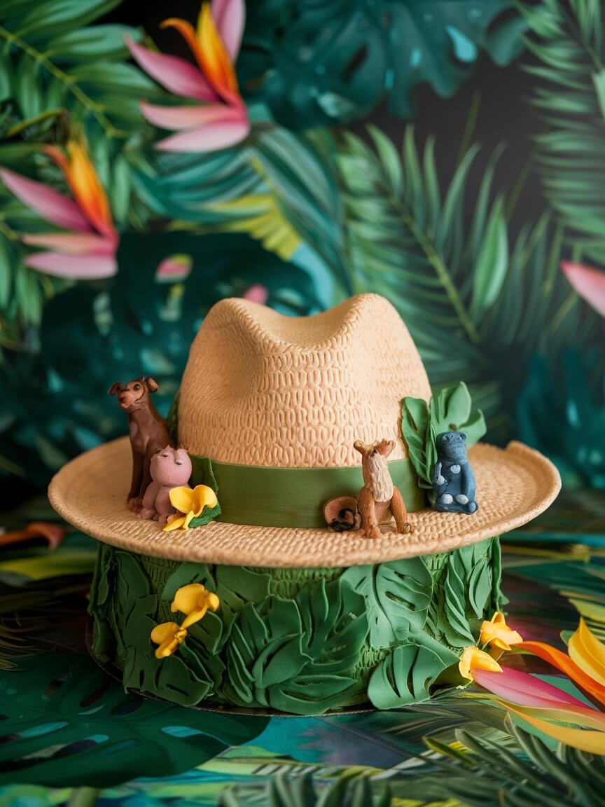 A sculpted cake in the shape of a safari hat, decorated with tiny animal figures and green foliage.