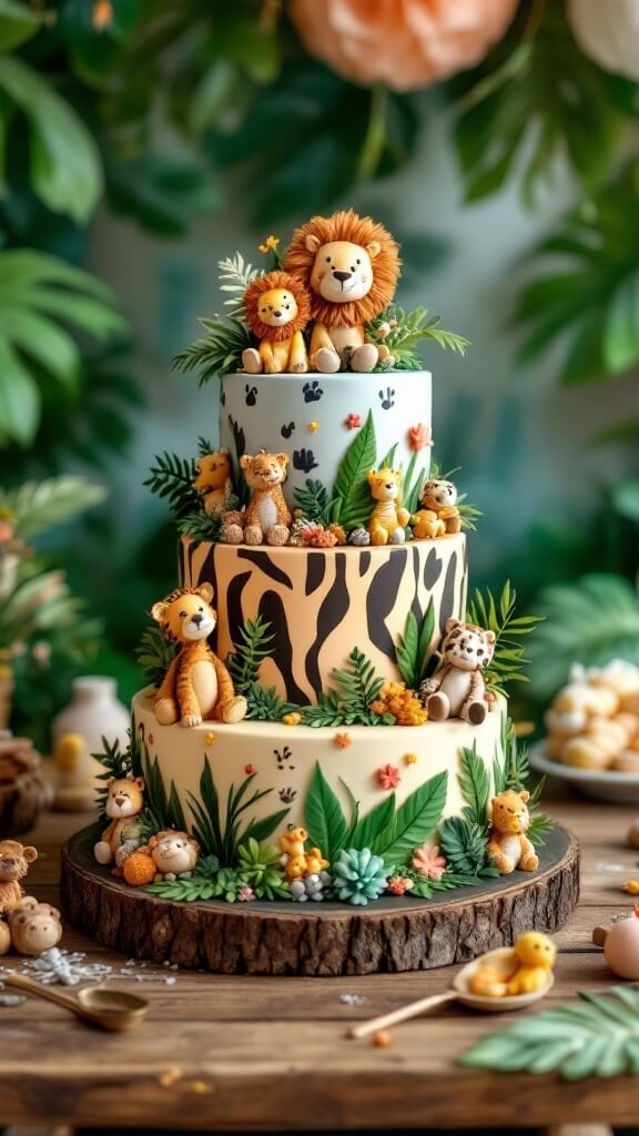 A beautifully decorated jungle-themed cake with animal figures and greenery.