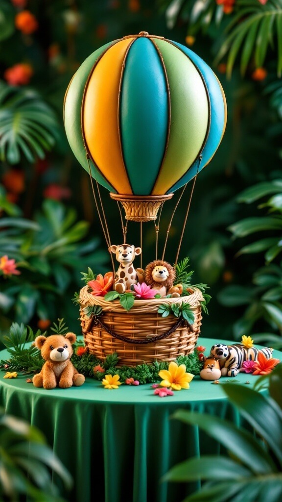 A vibrant jungle-themed cake featuring a hot air balloon design with animal figures.