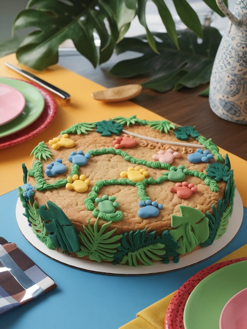 A safari map cookie cake decorated with colorful animal footprints and jungle leaves.