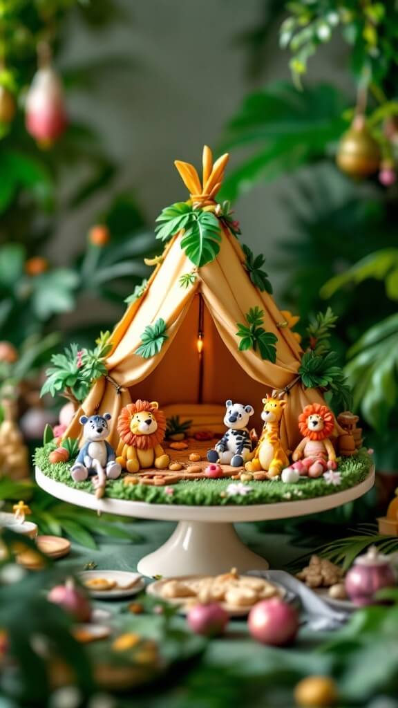 A beautifully designed cake shaped like a safari tent, featuring colorful animal figurines and lush decorations.