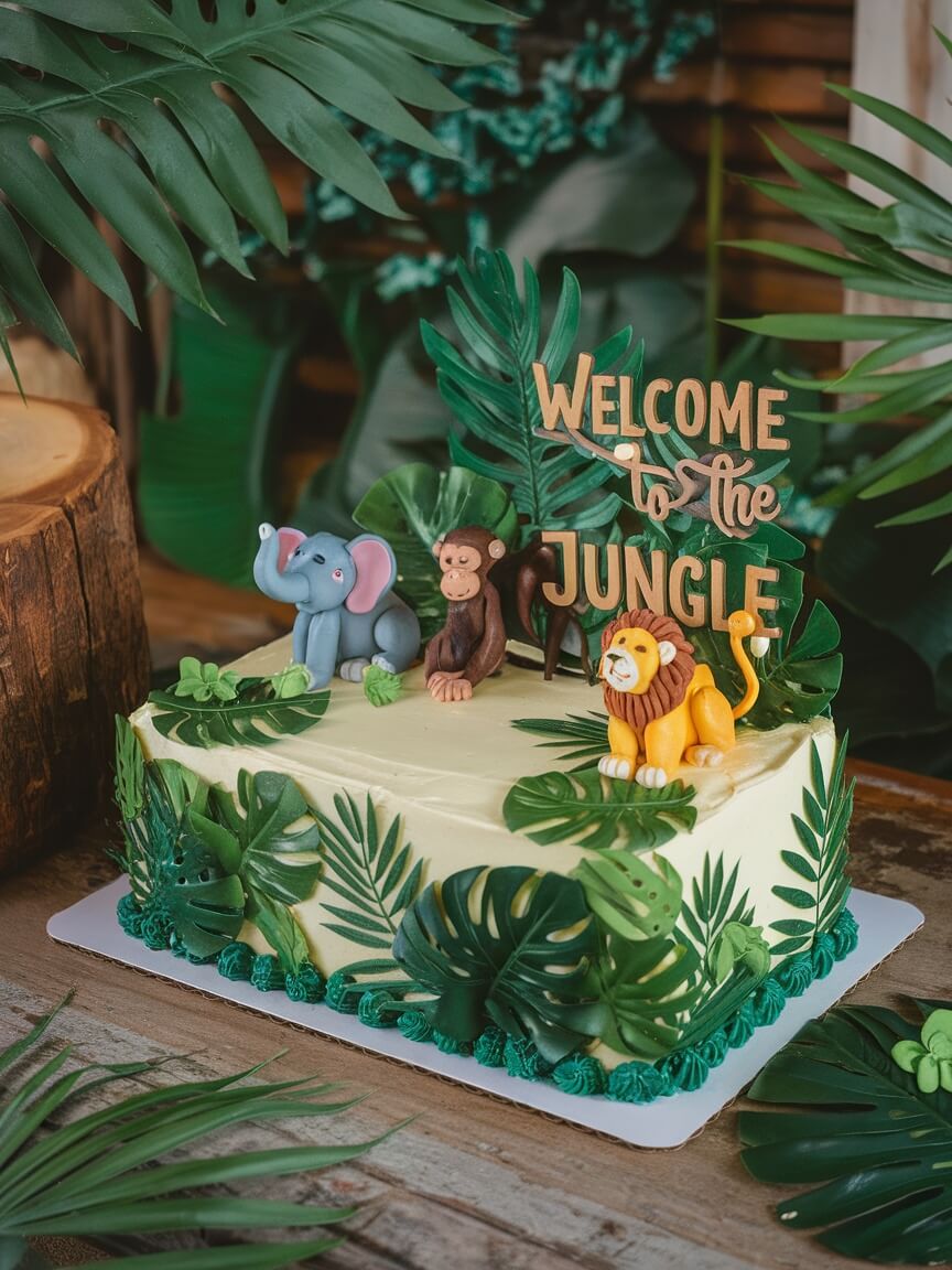 A jungle safari sheet cake decorated with animal figures and green leaves.