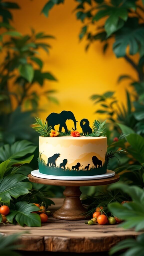 A jungle-themed cake featuring silhouettes of animals like elephants and lions, decorated with green foliage.