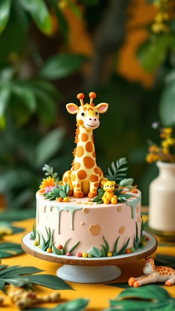 A small round cake decorated with a giraffe and colorful flowers, set in a jungle theme.