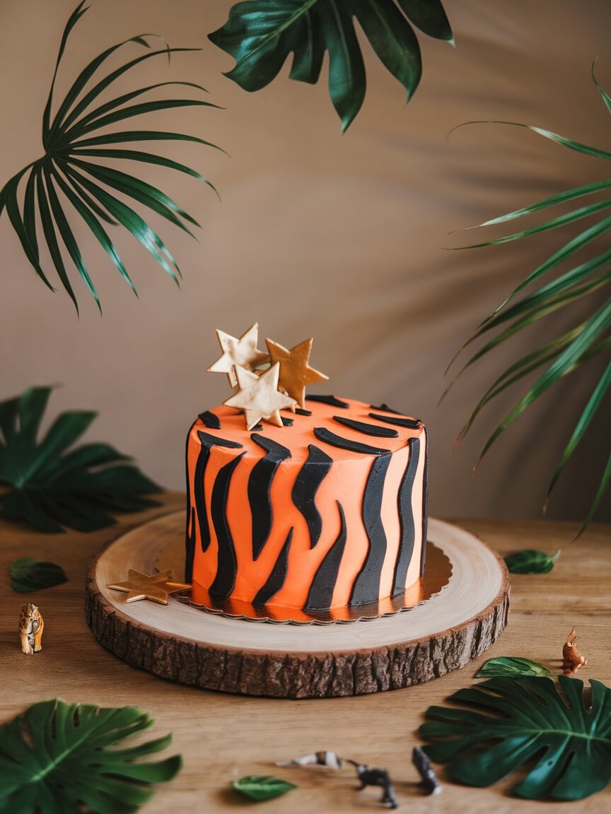 Small tiger stripe round cake on a wooden base with green leaves and toy animals