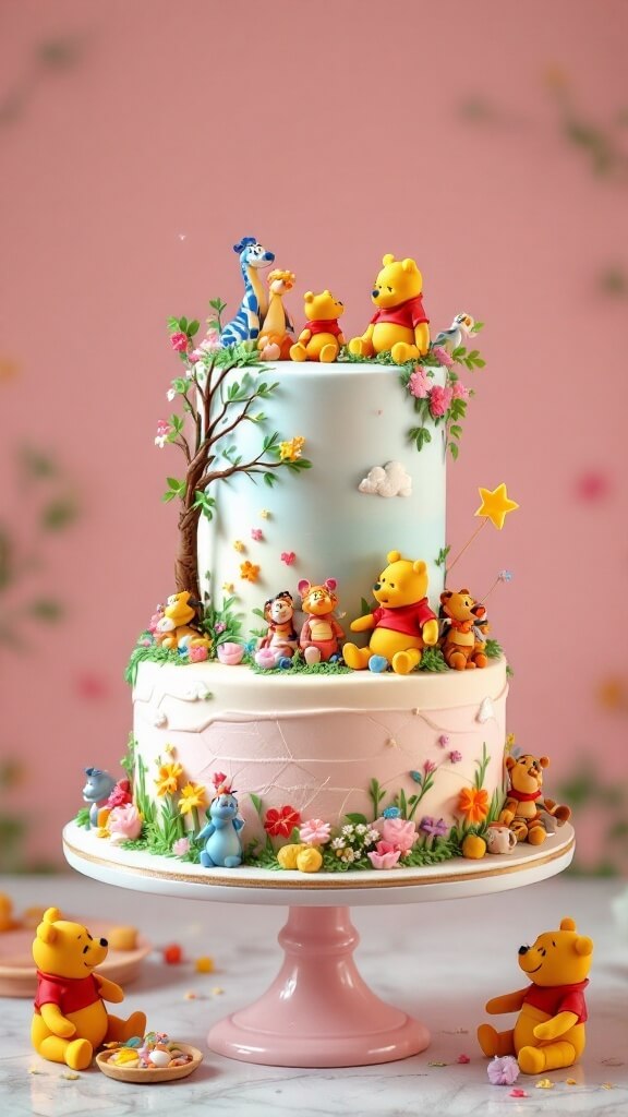 A beautifully decorated two-tier cake featuring Winnie the Pooh and friends, surrounded by flowers and pastel colors.