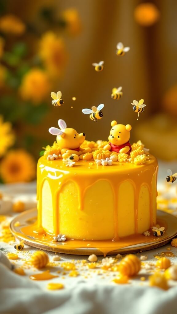 A colorful cake with honey drips, decorated with Winnie the Pooh and Piglet figures, surrounded by flowers and bees.