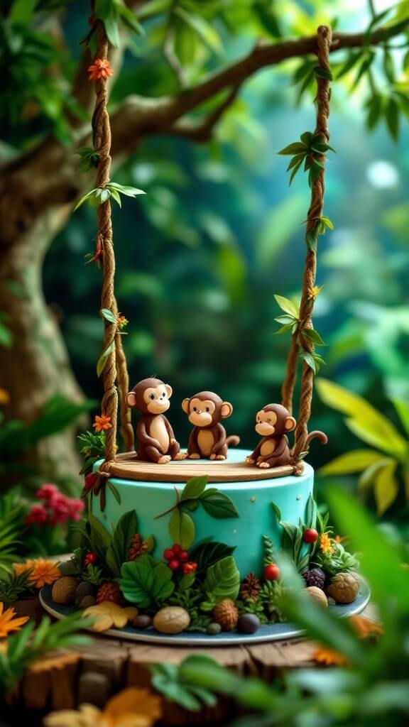 A colorful cake featuring monkeys on a swing made of vines, surrounded by leaves.