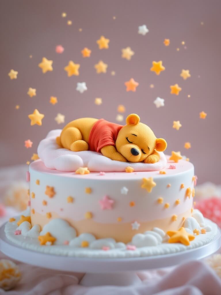 A cute cake featuring a sleeping Winnie the Pooh surrounded by stars and clouds.