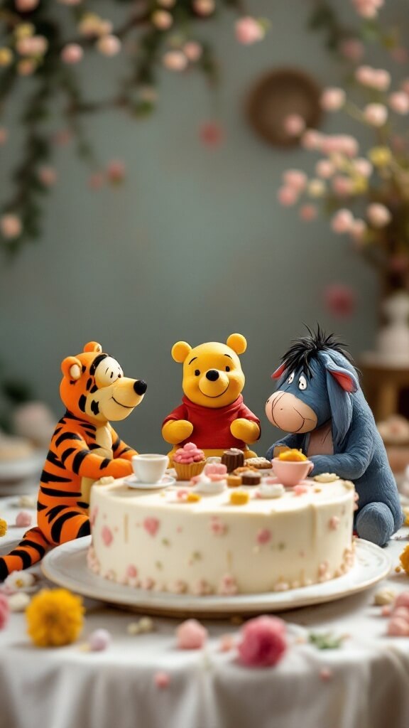 A whimsical Winnie the Pooh themed cake with Tigger, Pooh, and Eeyore figurines at a tea party.