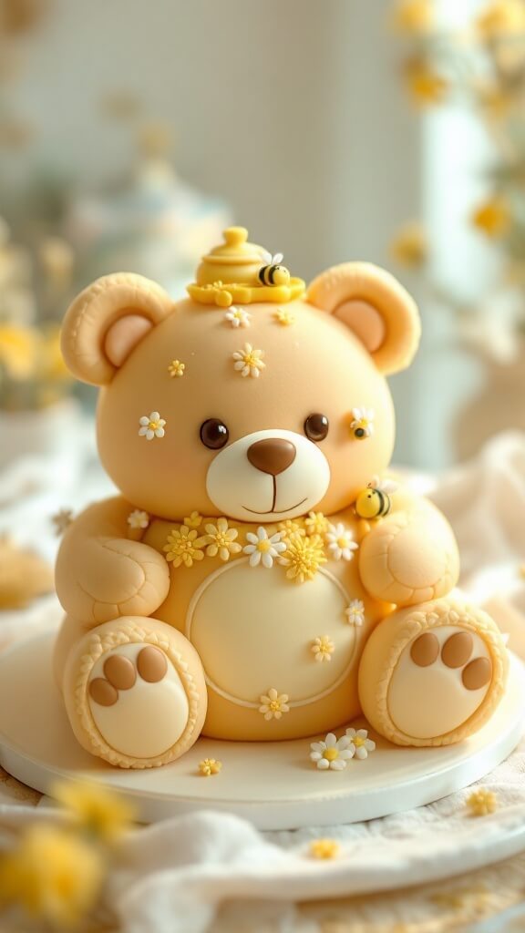 A cute teddy bear cake decorated with flowers and bees