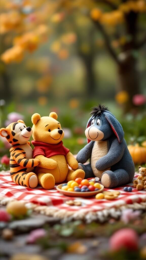 A teddy bear picnic featuring Winnie the Pooh, Tigger, and Eeyore with colorful fruits and a picnic blanket.