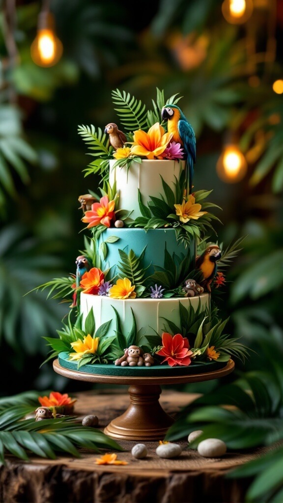 Three-tiered cake decorated with tropical flowers and animals, set in a rainforest background.