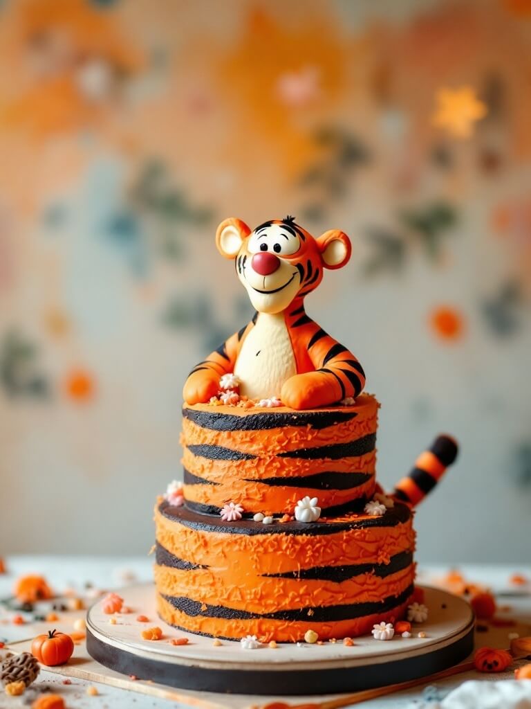 A two-tier cake with Tigger on top, decorated in orange and black stripes, with flowers around it.