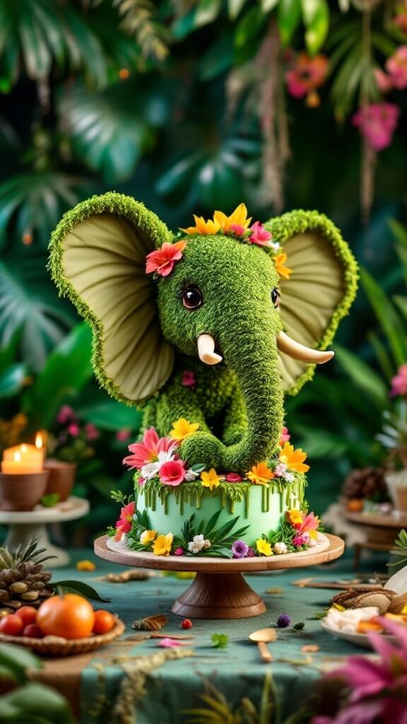 A topiary elephant shaped cake decorated with flowers and leaves, set in a jungle themed environment.