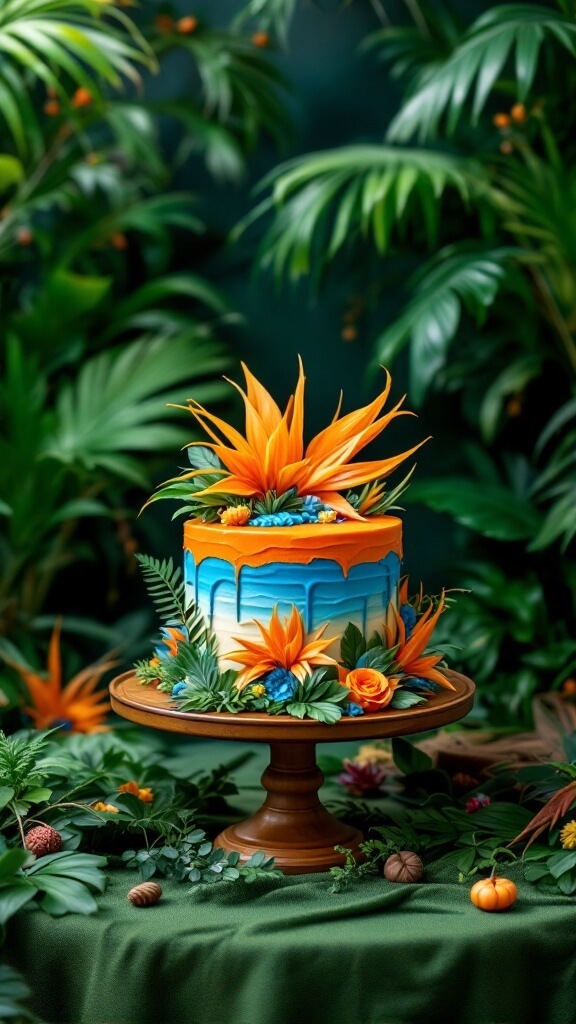 A colorful cake decorated with Bird of Paradise flowers and tropical foliage