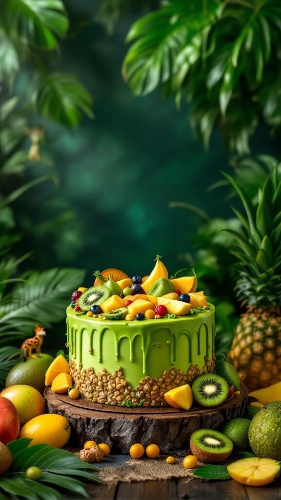 A tropical fruit green drip cake surrounded by fresh fruits and leaves