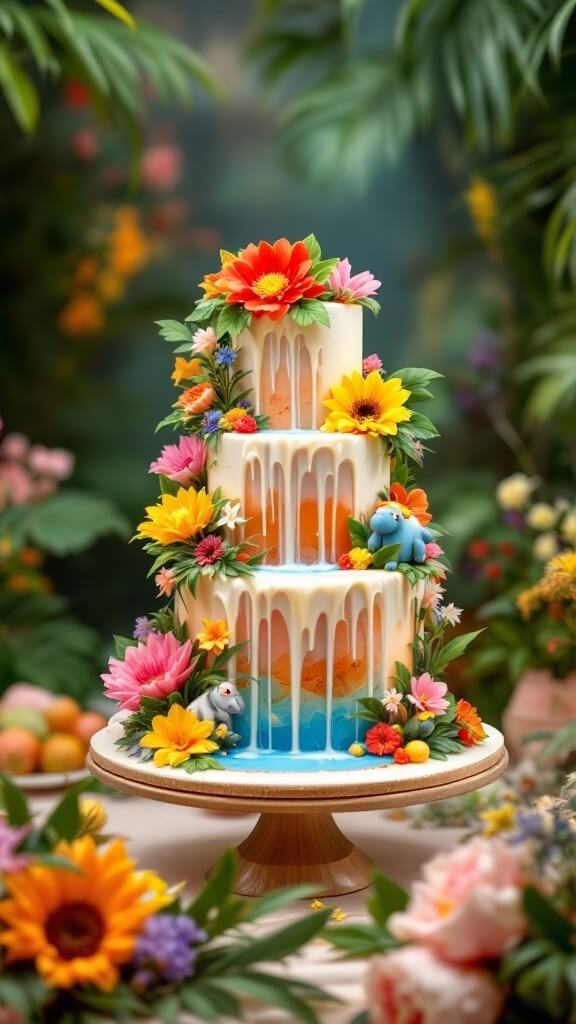 A beautifully decorated three-tier cake with isomalt waterfall, vibrant flowers, and cute animal figures, perfect for a jungle-themed baby shower.