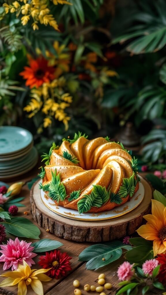 A beautifully decorated Tropical Leaves Bundt Cake surrounded by colorful flowers and greenery.