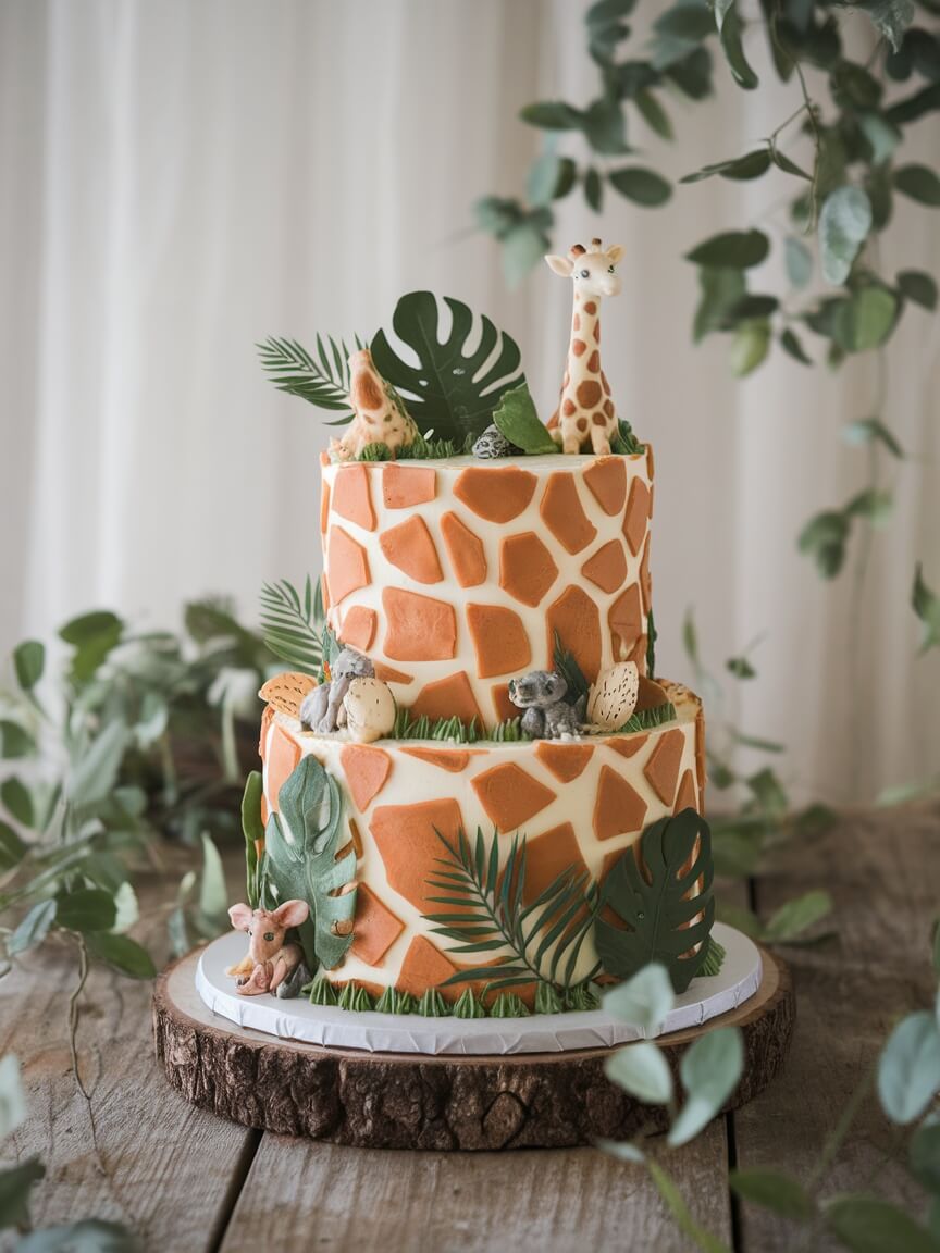 Two-tiered cake designed with giraffe print, decorated with jungle leaves and animal figurines.