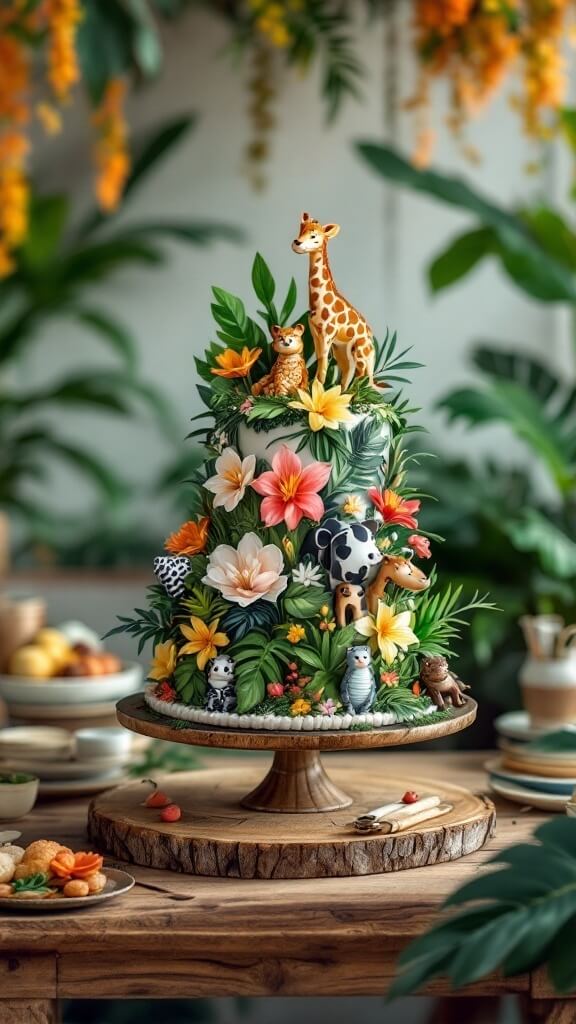 A vintage botanical jungle themed cake decorated with animal figures and colorful flowers.