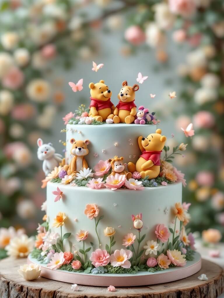 A whimsical Winnie the Pooh themed three-tier cake with floral decorations and playful figures.