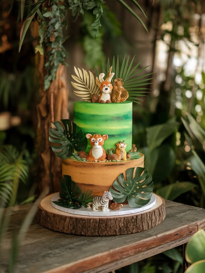 A three-tiered jungle-themed ombré cake decorated with animal figurines and tropical leaves