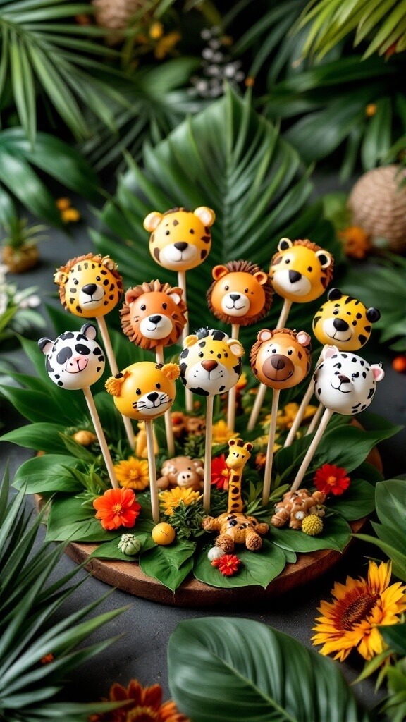 A colorful display of cake pops designed as various safari animals, surrounded by tropical leaves and flowers.