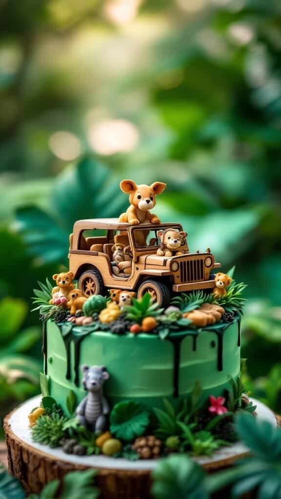 A jungle-themed cake with a wooden safari jeep topper featuring cute animal figurines.